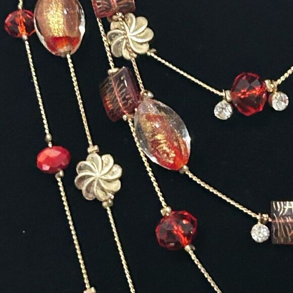 Vtg Layered Necklace Red Crystal & Art Glass Beads 5-Strand Silver-tone Chain - Picture 6 of 11